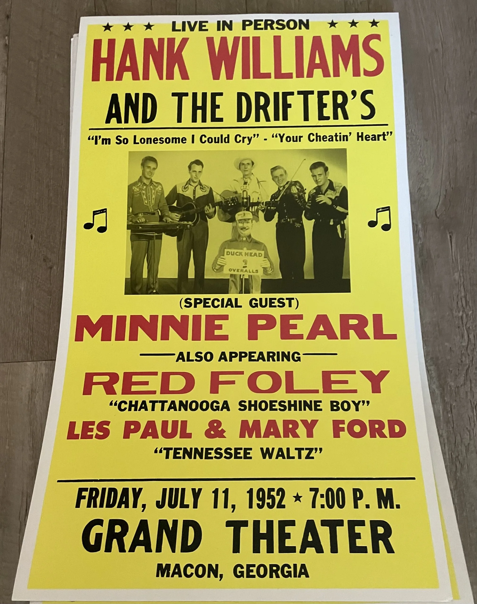 Hank Williams-Special Guest Minnie Pearl-Grand Theater-July 11, 1952-(Yellow) - Concert Posters Metal Sign