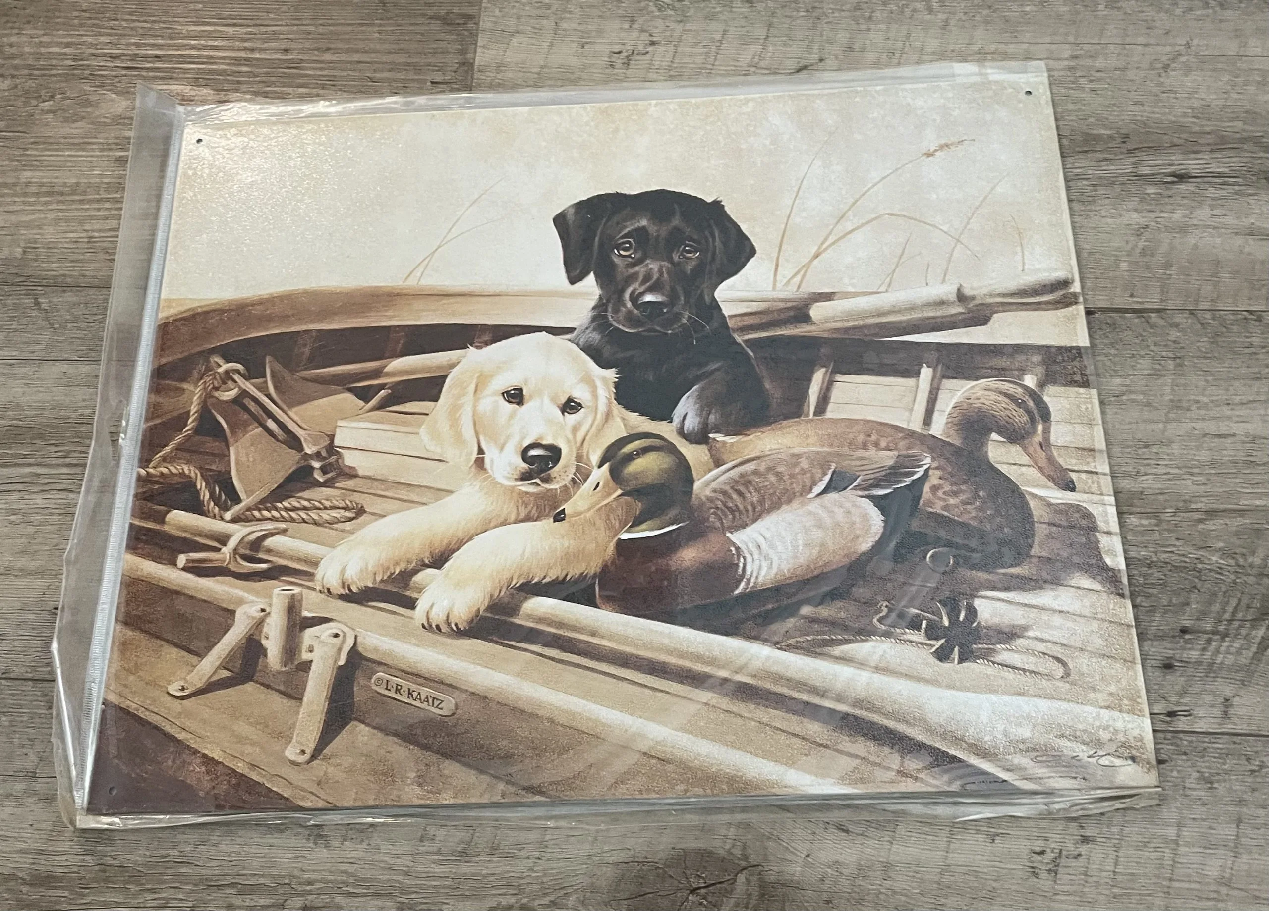 L.R. Kaatz-Yellow & Black Lab Pups Inside Canoe - Tin Signs Metal Sign