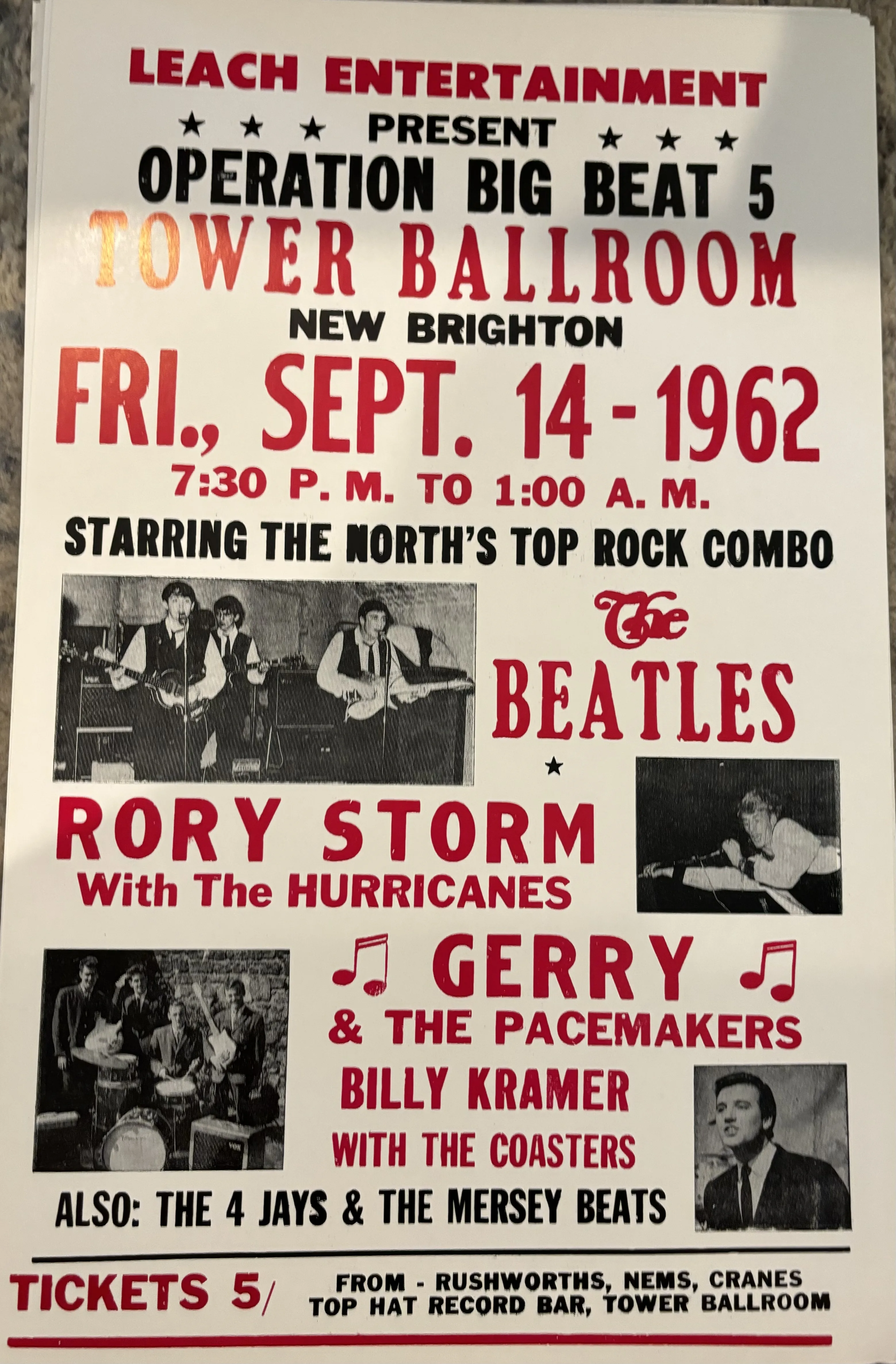 Leach Entertainment-Operation Big Beat 5-Tower Ballroom-New Brighton-Sept. 14-1962 - Concert Posters Metal Sign