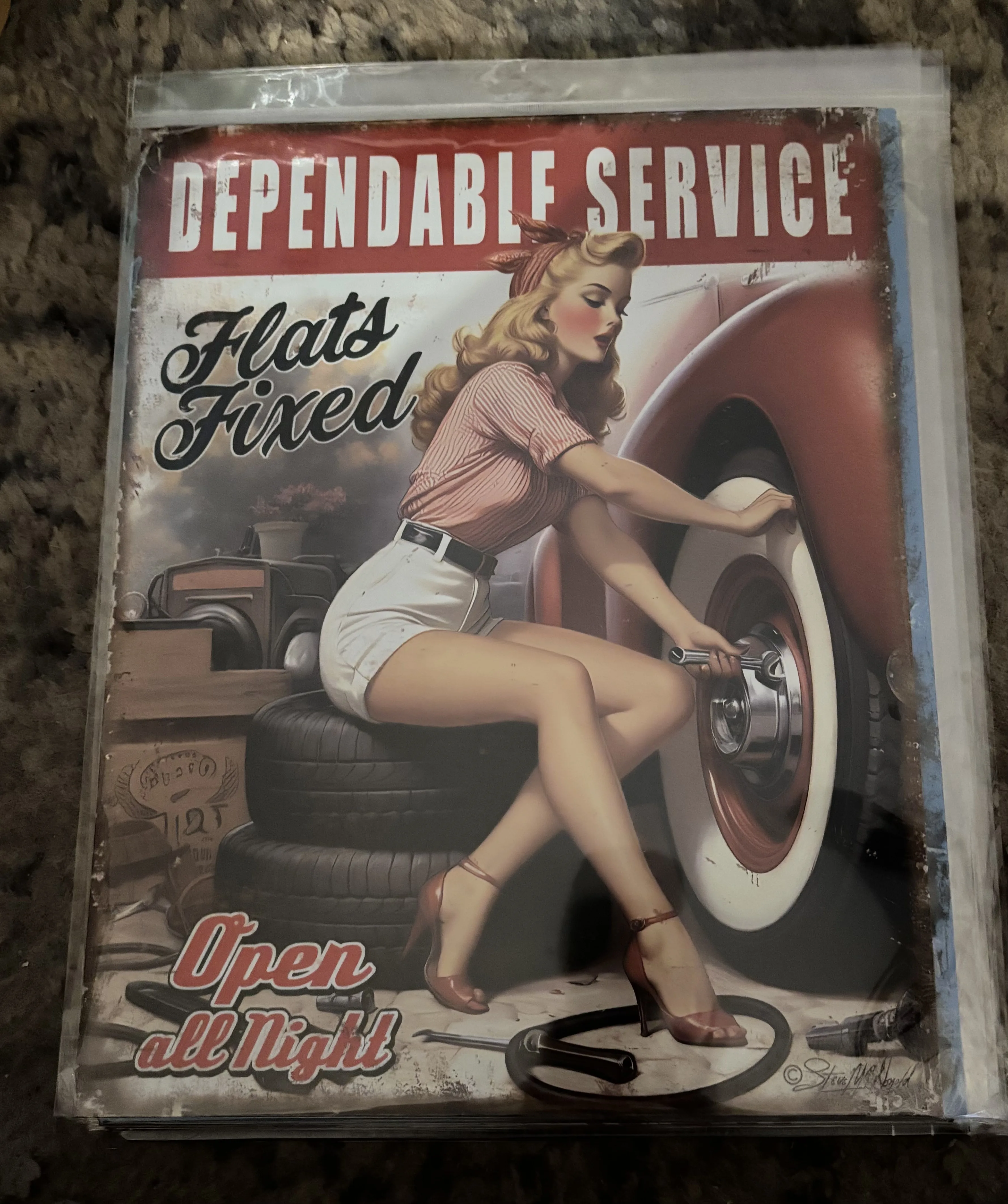Tire Girl-Dependable Service-Flats Fixed-Open All Night - Tin Signs Metal Sign